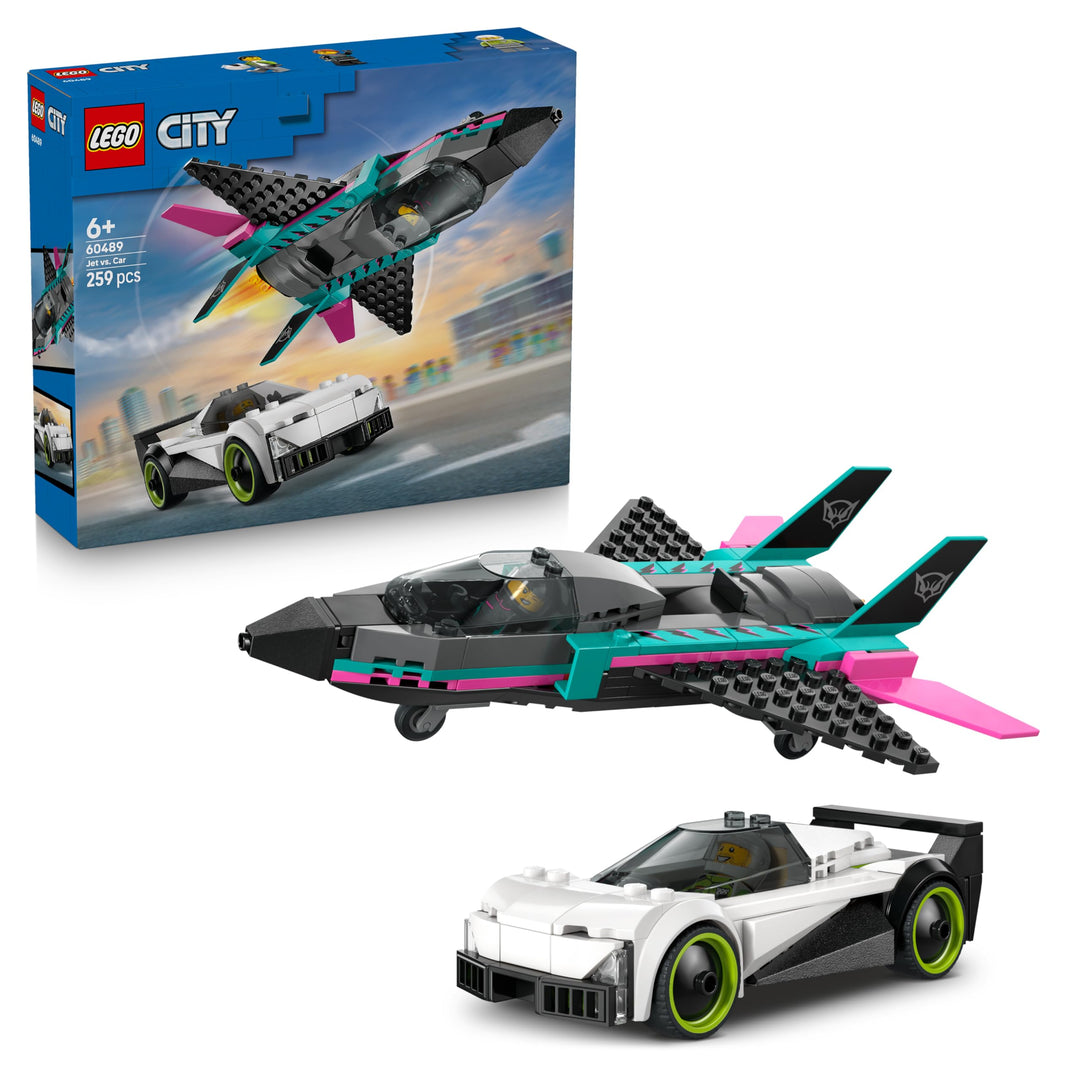 LEGO City Düsenflieger vs. Rennauto - Spielzeug Set mit Flugzeug, Supersportwagen und Pilot und Fahr