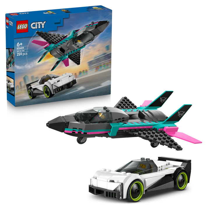 LEGO City Düsenflieger vs. Rennauto - Spielzeug Set mit Flugzeug, Supersportwagen und Pilot und Fahr
