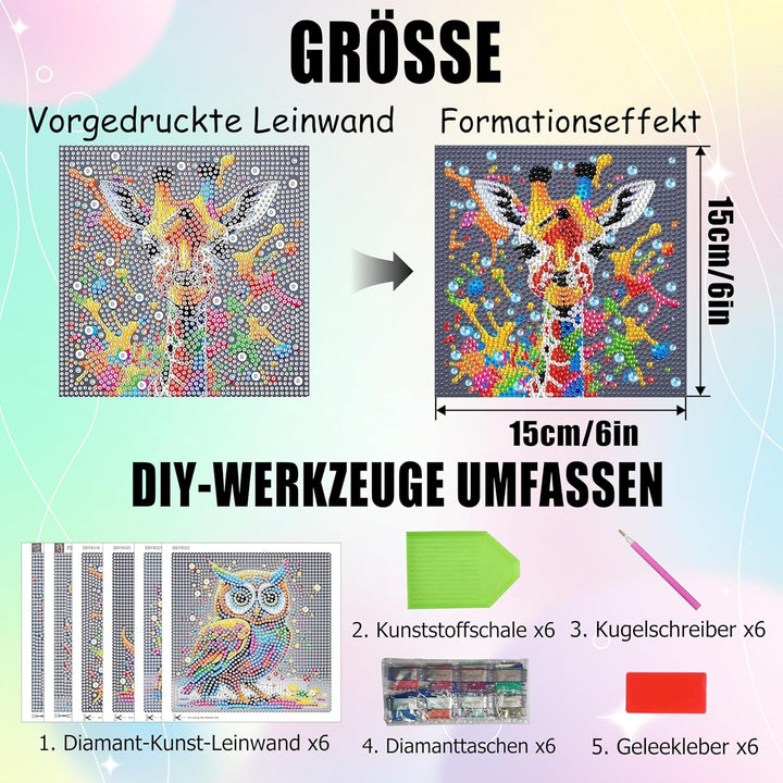 Yunruily 6er Set Diamond Painting Kinder - Tiere Diamant Painting Kinder,Diamond Painting Kind ab 6