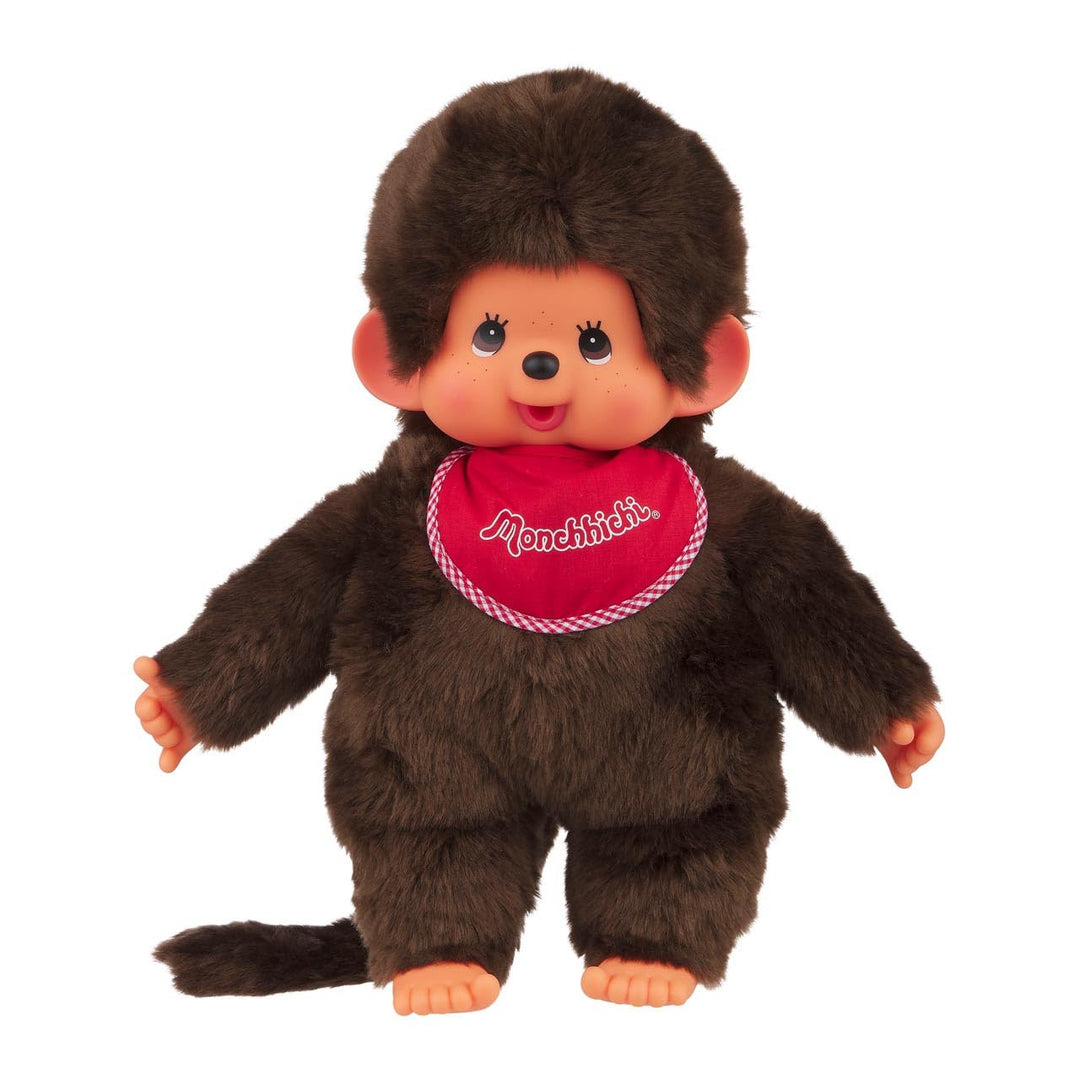 Sekiguchi 255410 - Original Monchhichi Junge, Plüschtier mit rotem Lätzchen und Zöpfen mit Schleifen