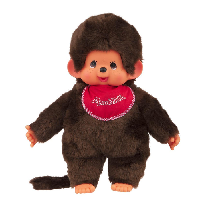 Sekiguchi 255410 - Original Monchhichi Junge, Plüschtier mit rotem Lätzchen und Zöpfen mit Schleifen