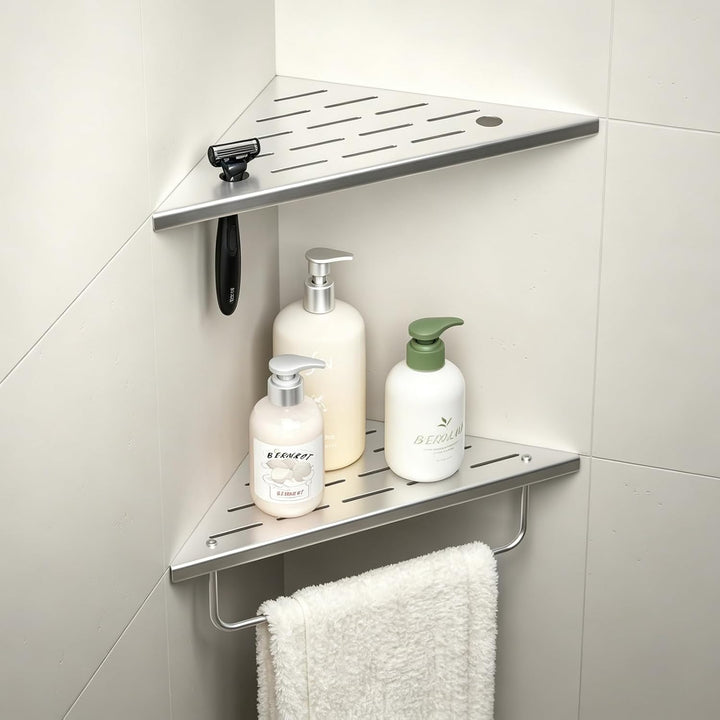 Eck-Duschregal aus 304-Edelstahl,Eckregal Dusche mit Handtuchstange | 25,4 cm Duschablage Ecke für B
