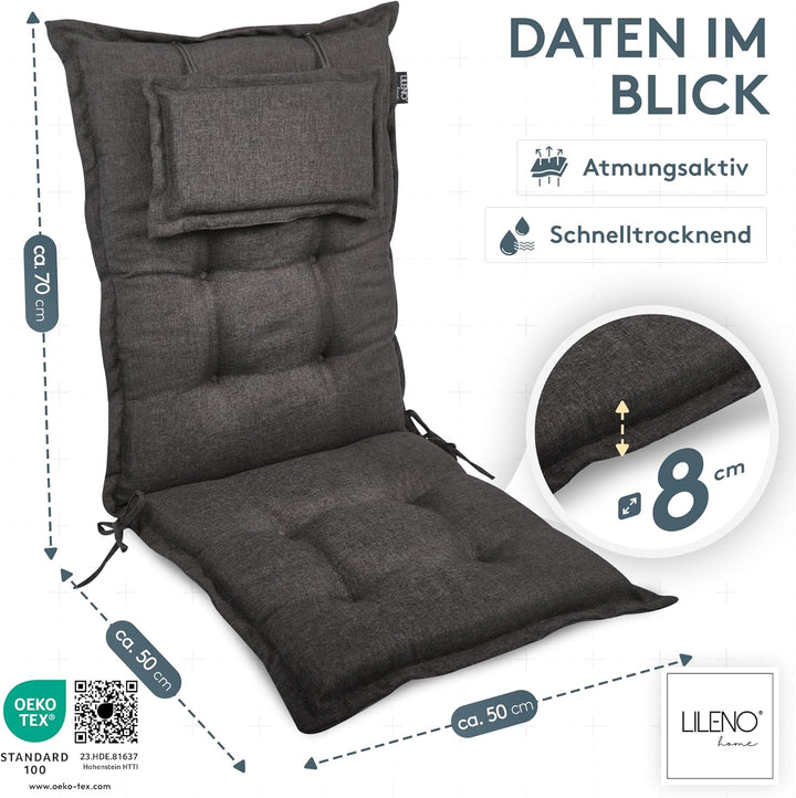 LILENO HOME Gartenstuhl Auflagen als [2er Set - Hochlehner] in Anthrazit Y - bequeme Liegen als Sitz