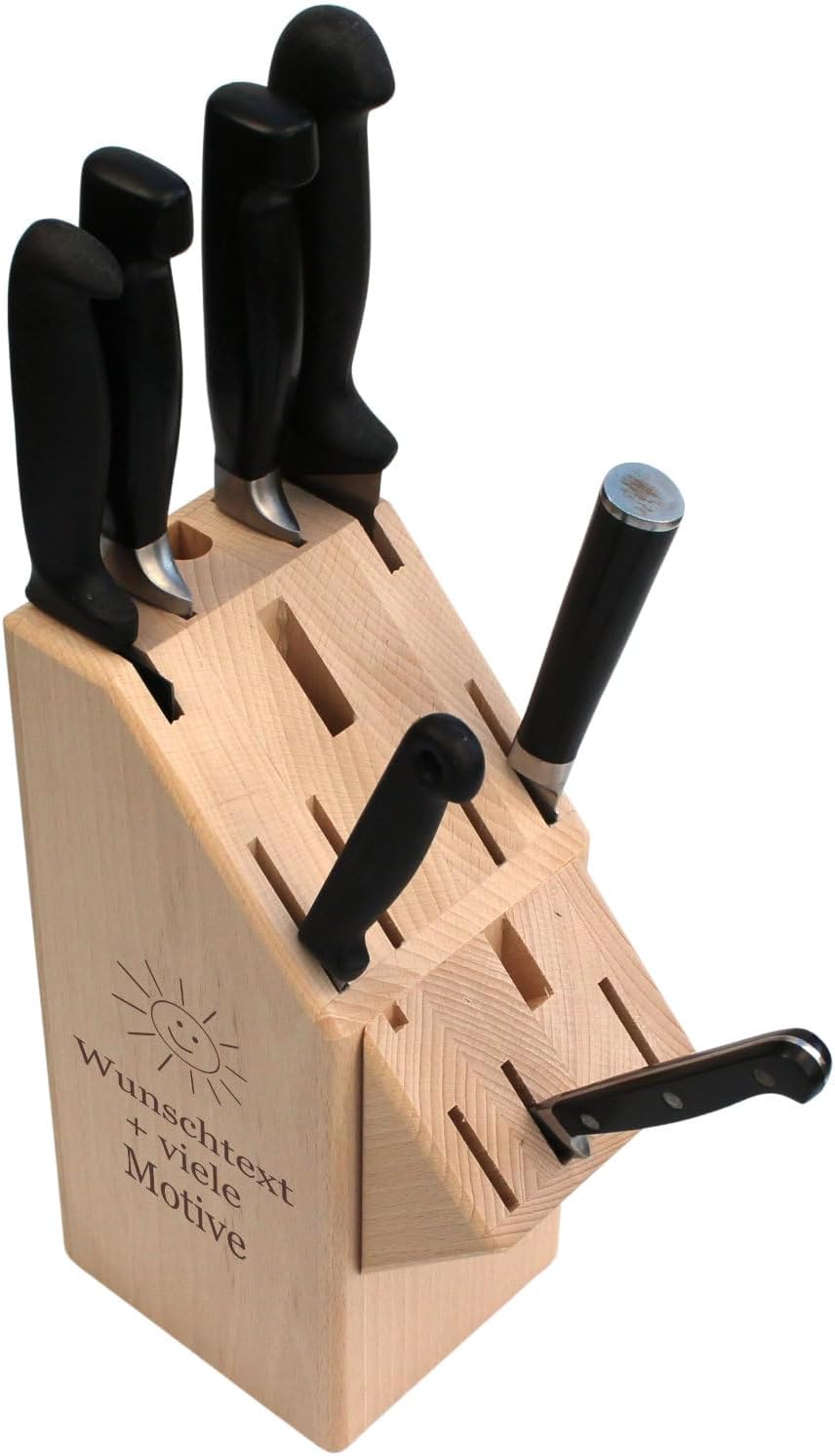 Messerblock aus Holz mit Gravur, Name + Motiv, Buchenholz Block für Küchenmesser, Messerhalter, Orga