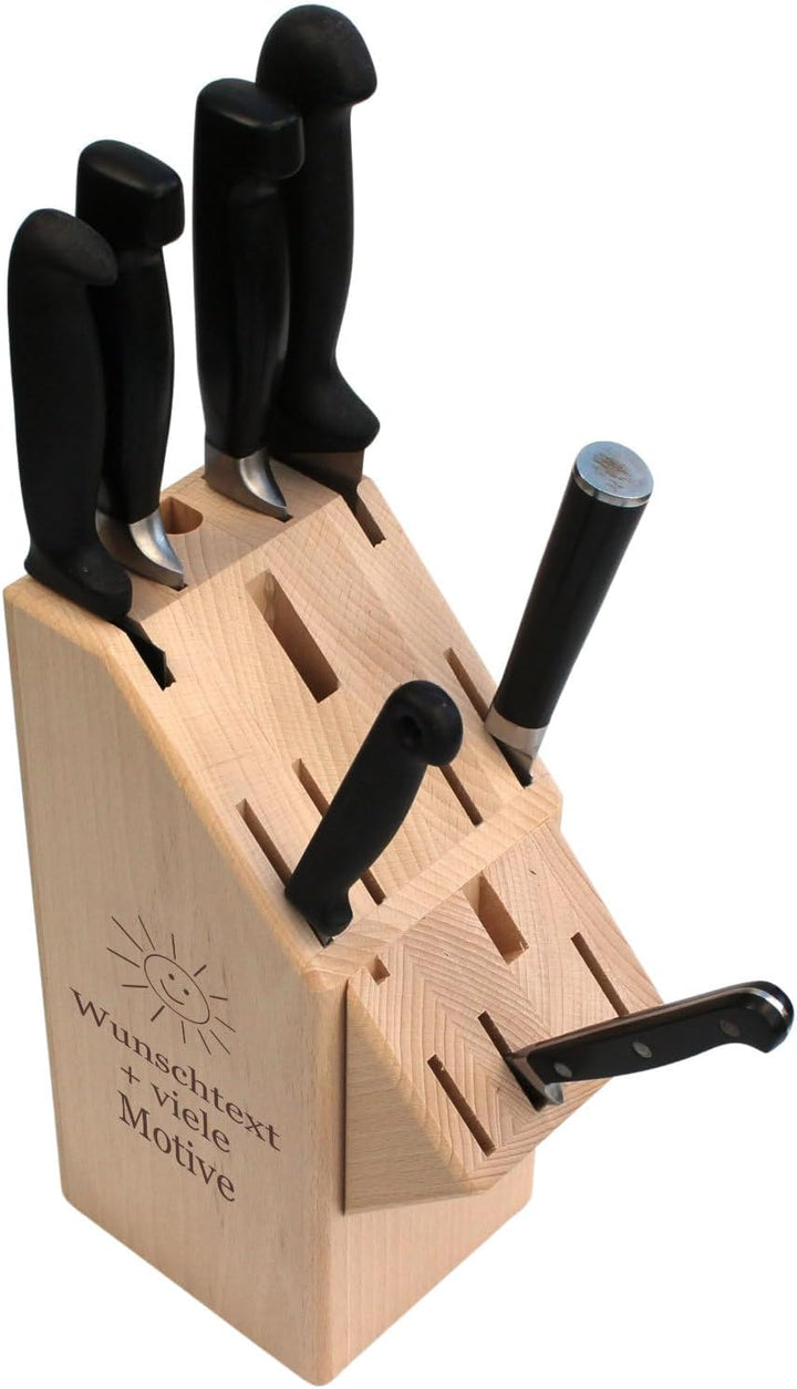 Messerblock aus Holz mit Gravur, Name + Motiv, Buchenholz Block für Küchenmesser, Messerhalter, Orga