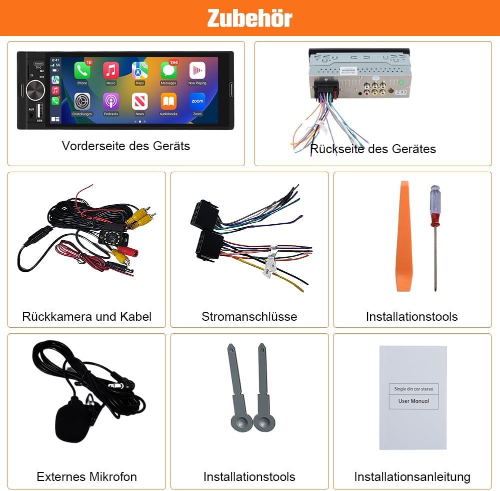 Junsun Smartes 1 DIN Autoradio mit 6,36 Zoll Touchscreen mit Rückfahrkamera | wired and wireless Car