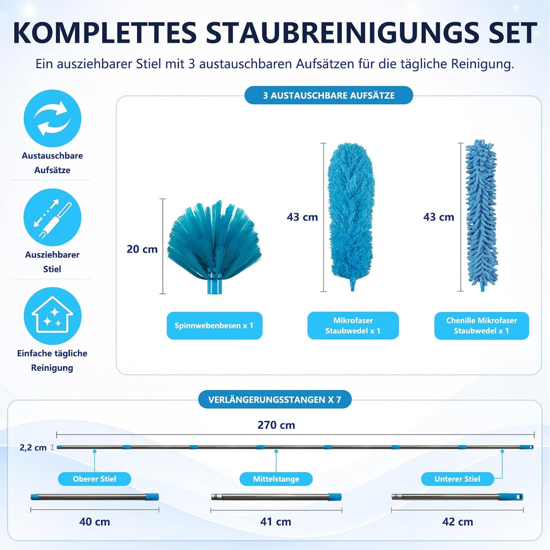 scicent Staubwedel Lang Ausziehbar 3,1 m, Teleskop Staubwedel mit 3 Reinigungsaufsätzen, Faser Staub