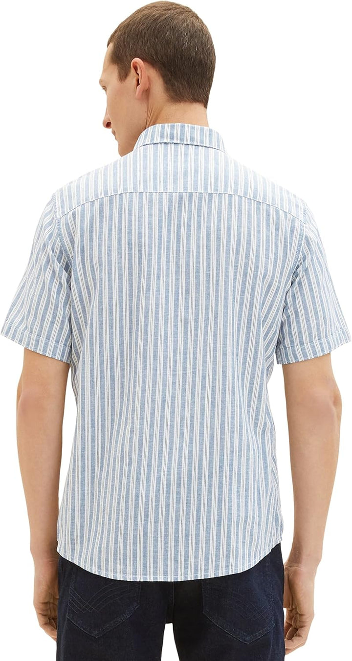 TOM TAILOR Herren Kurzarm-Hemd aus Leinen M 31243 - Blue Navy White Stripe, M 31243 - Blue Navy Whit