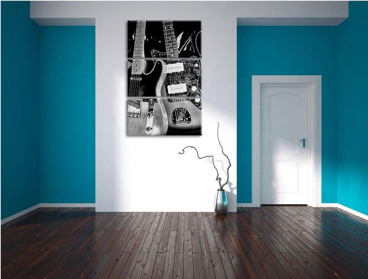 Pixxprint Monocrome, Elegante E-Gitarren 3-Teiler Leinwandbild 120x80 Bild auf Leinwand
