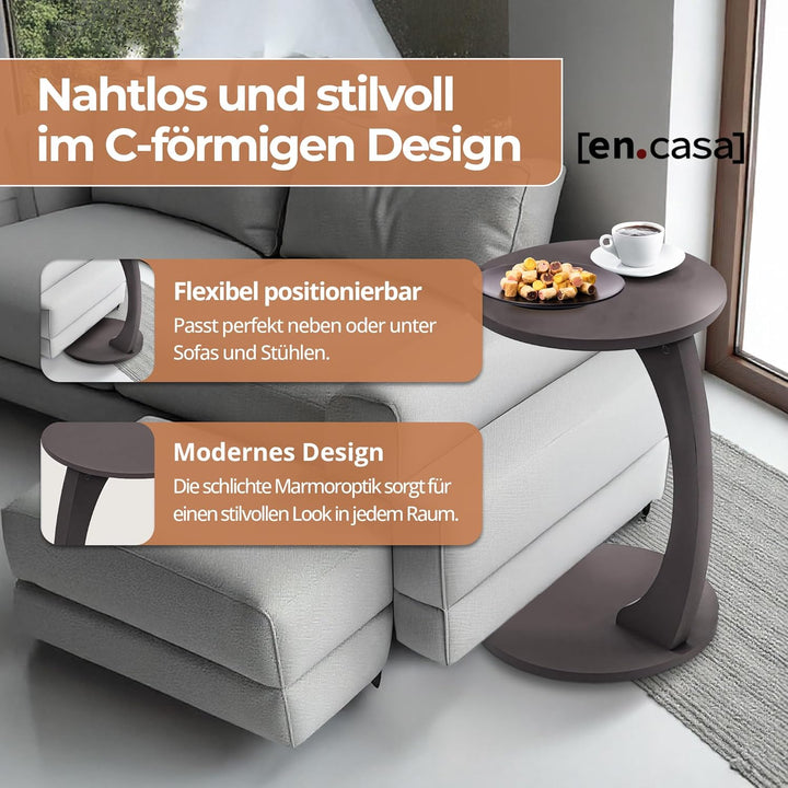[en.casa] Beistelltisch Holeby Betttisch auf Rollen Laptoptisch Grau Wohnzimmertisch C-Form Rolltisc