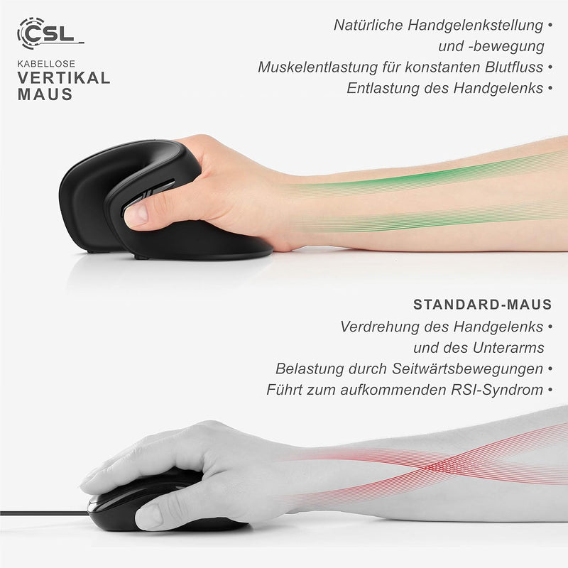 CSL - kabellose Vertikal Maus - Bluetooth + 2,4 GHz Funkmaus - Wireless Vertical Mouse – ergonomisch