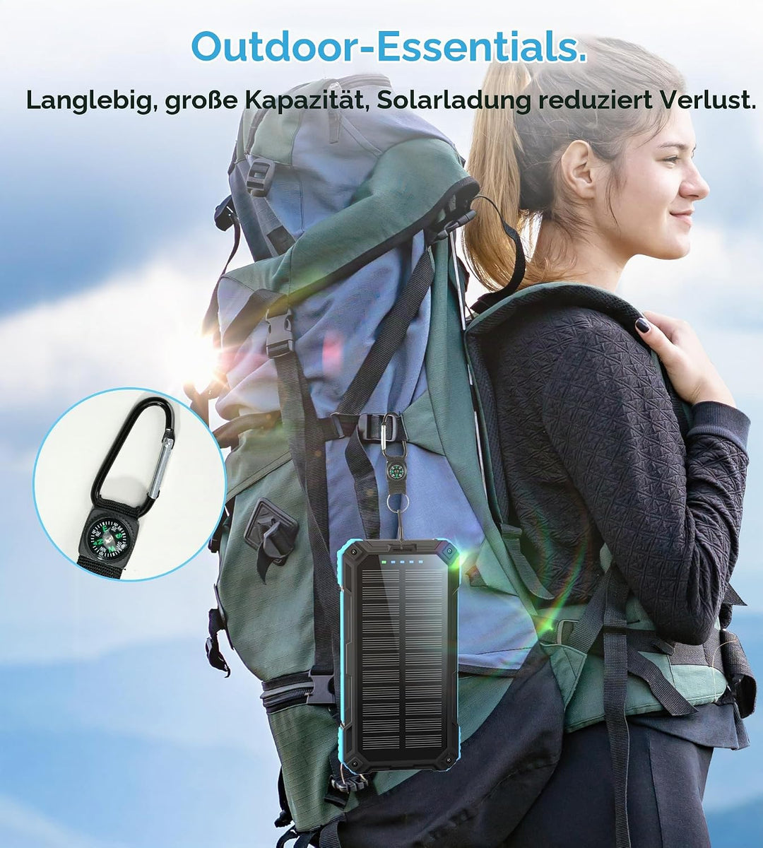 56800mAh Solar Powerbank, Wireless Power Bank gross mit 4 Kabeln, 30W PD Schnellladefunktion, 6 Ausg