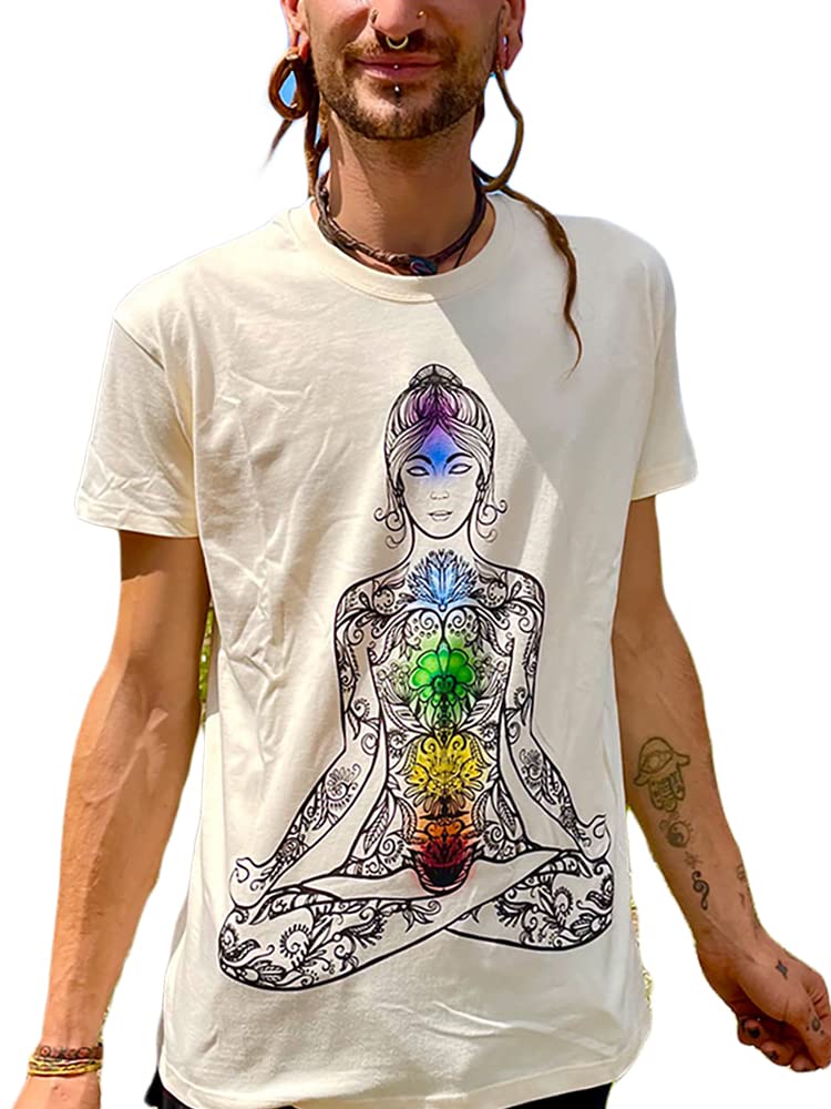 Creme-weisses T-Shirt mit meditierender Frau und den 7 Chakren für Yoga, Meditation mit den 7 Chakra