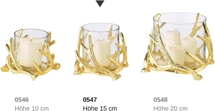 EDZARD Windlicht Kingston im Hirschgeweih Design, Aluminium vernickelt, goldfarben, mit Glas, Höhe 1