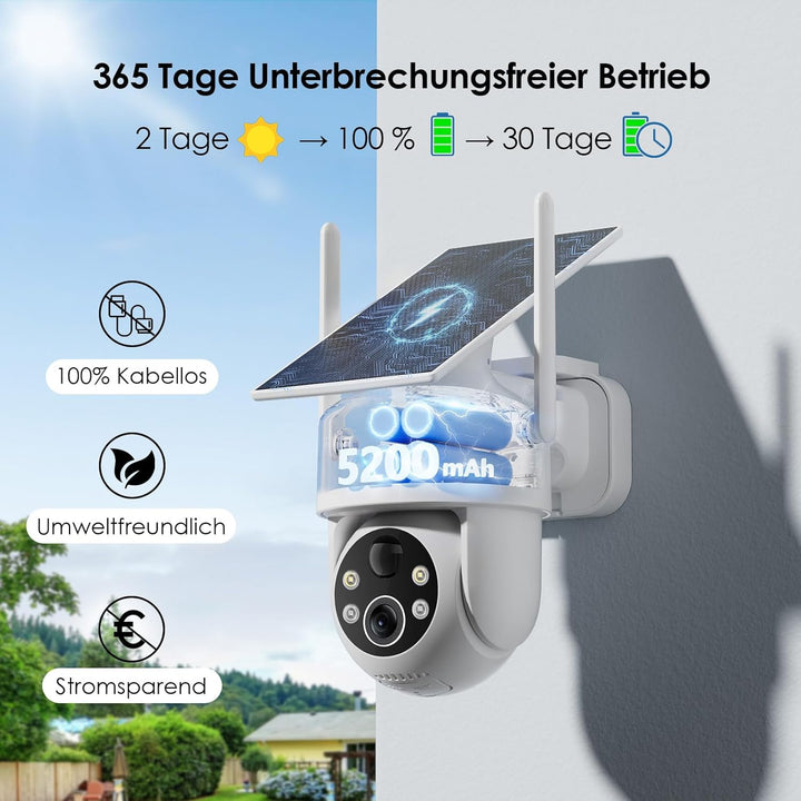 Alles in 1 Überwachungskamera Aussen Akku Solar, 2K, 100% Kabellos, 360° PTZ Kamera Überwachung Auss