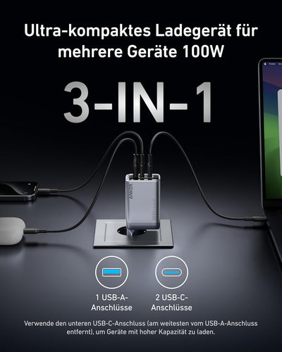 Anker Prime Ladegerät, 100W USB-C Ladegerät, 3 Port GaN faltbares und kompaktes Anker Wandladegerät,