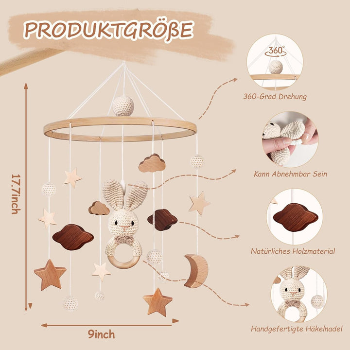 SWECOMZE Mobile Baby Holz Mobile Babybett Bettglocke Windspiel baby mit Wolken Sterne Abnehmbar Häke
