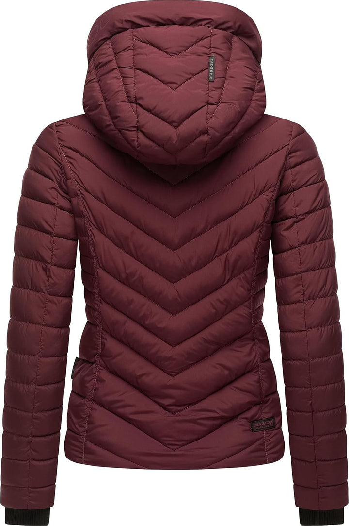 MARIKOO Damen Übergangsjacke leichte Steppjacke kurz mit Abnehmbarer Kapuze Kagomee XS-XXL S Wine, S