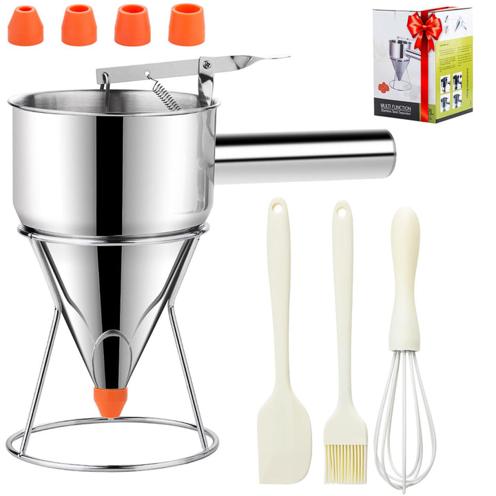 Pancake Dough Dispenser, Stainless Steel Funnel Cake Dispenser with 4 Silicone Nozzles, Perfect for