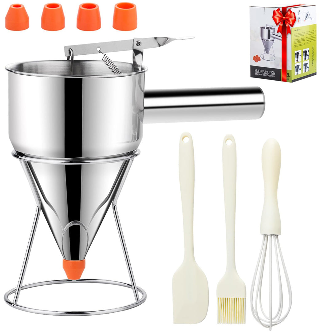 Pancake Dough Dispenser, Stainless Steel Funnel Cake Dispenser with 4 Silicone Nozzles, Perfect for