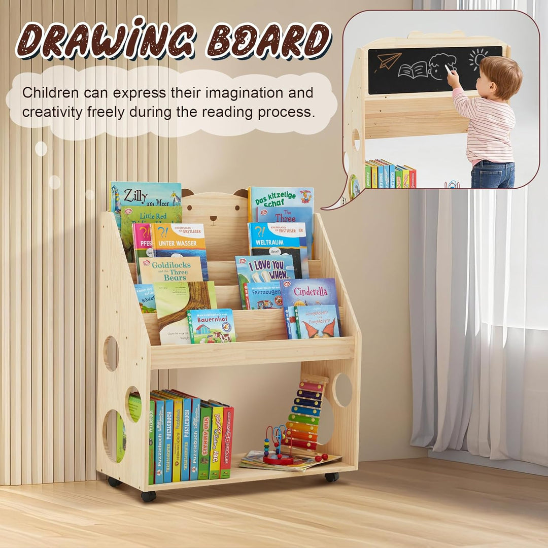 Kinder Bücherregal Montessori mit Rollen & Tafel, 5-stöckiges Kinderregal Kinderbücherregal Kinderzi