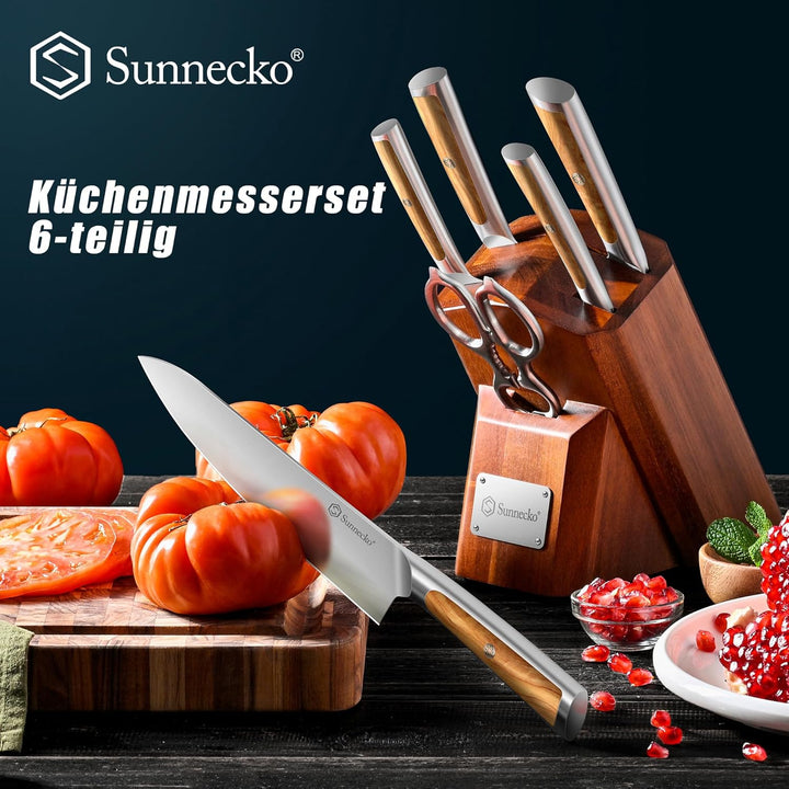 Sunnecko 6-tlg Messerset mit Messerblock –Kochmesser Set für Küche, Küchenmesser Set mit ergonomisch