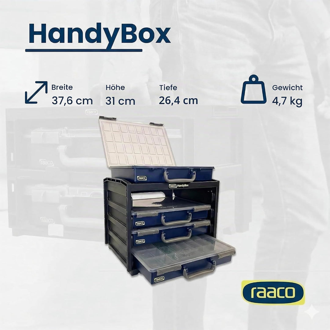 raaco HandyBox 55x4: Sortimentskasten für Werkstatt, Kistenberg mit 4 Sortierkasten für Kleinteile,