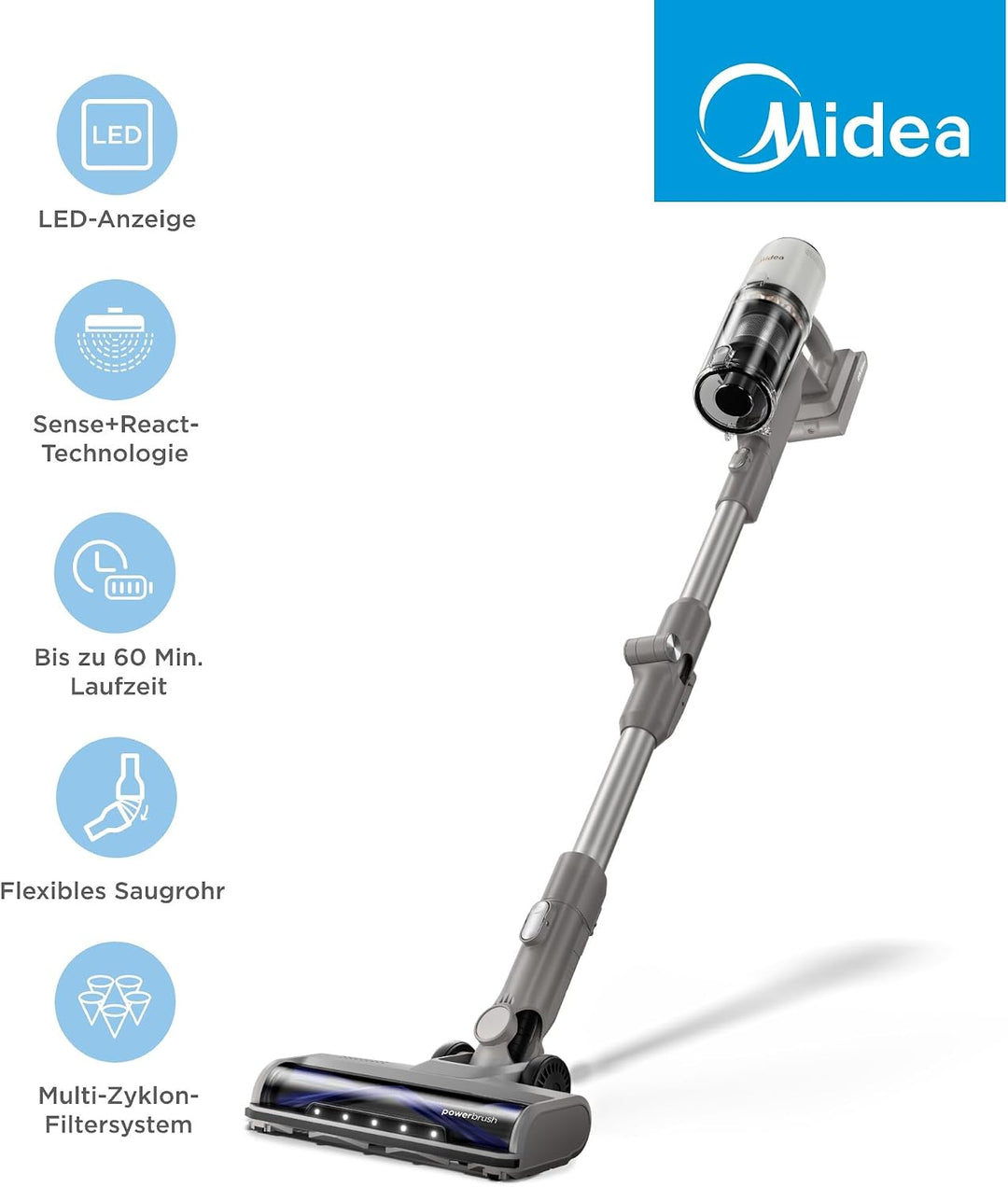 Midea P9 Akku Staubsauger, kabelloser Stielstaubsauger 550 W, bis zu 37 kPa, bis zu 60 Min. Laufzeit