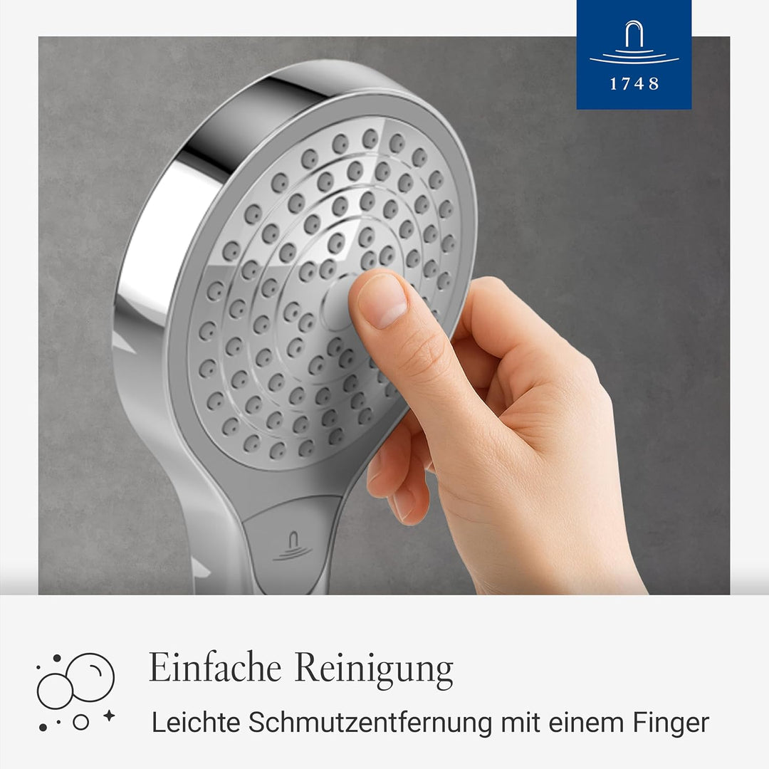 Villeroy & Boch Verve Showers Duschkopf, Handbrause mit 3 Strahlarten auf Knopfdruck wechselbar, Eas