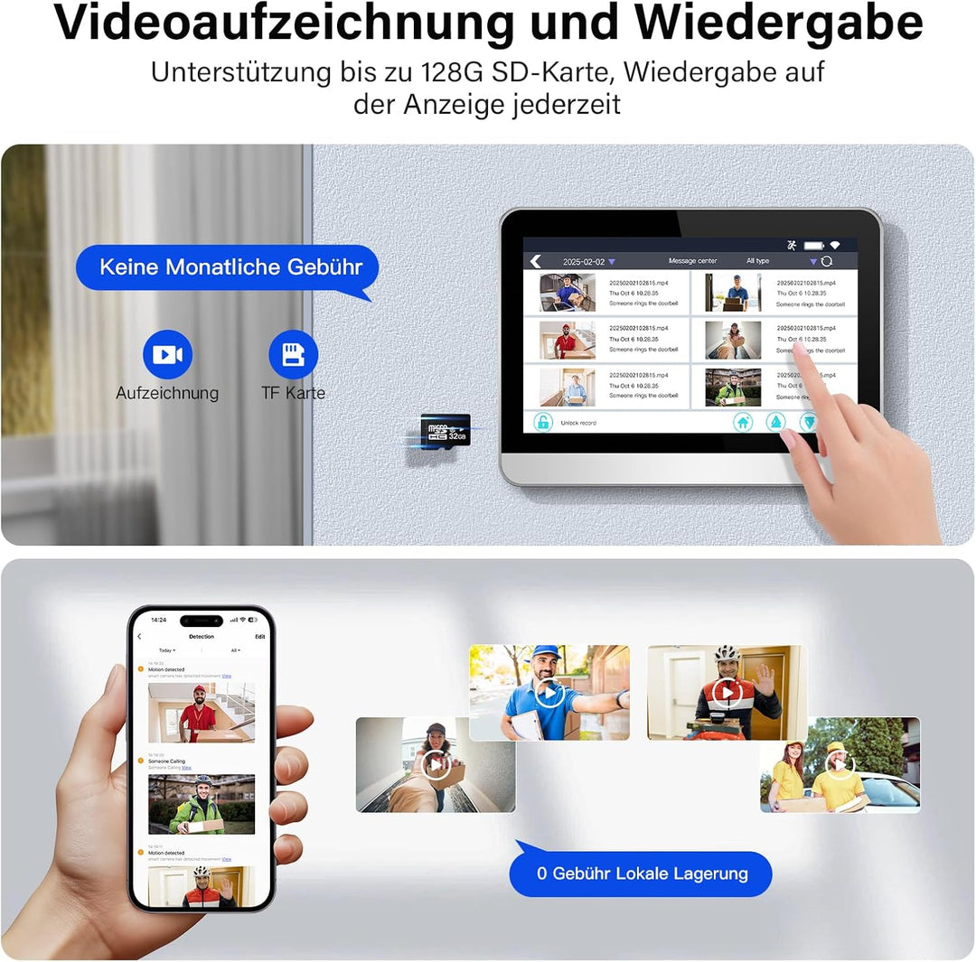 Drahtlose Türglocke Kamera mit 7" Bildschirmmonitor Smart Video Tür Telefon Intercom System 1080P Wi