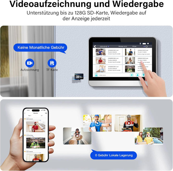 Drahtlose Türglocke Kamera mit 7" Bildschirmmonitor Smart Video Tür Telefon Intercom System 1080P Wi
