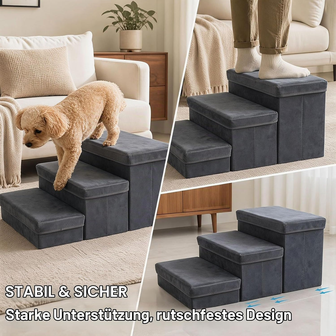 Hundetreppe Mit Stauraum 3 Stufen Faltbar 75x40x30cm - Rutschfeste Haustiertreppe Für Bett Und Sofa