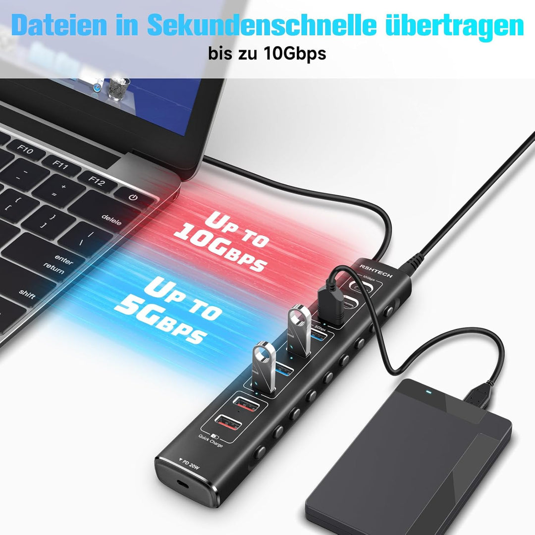 RSHTECH Aluminum 10-Port USB C 3.0/3.2 Hub Aktiv mit Netzteil, 3 * 10Gbps USB 3.2 (2*Typ-C, 1*Typ-A)