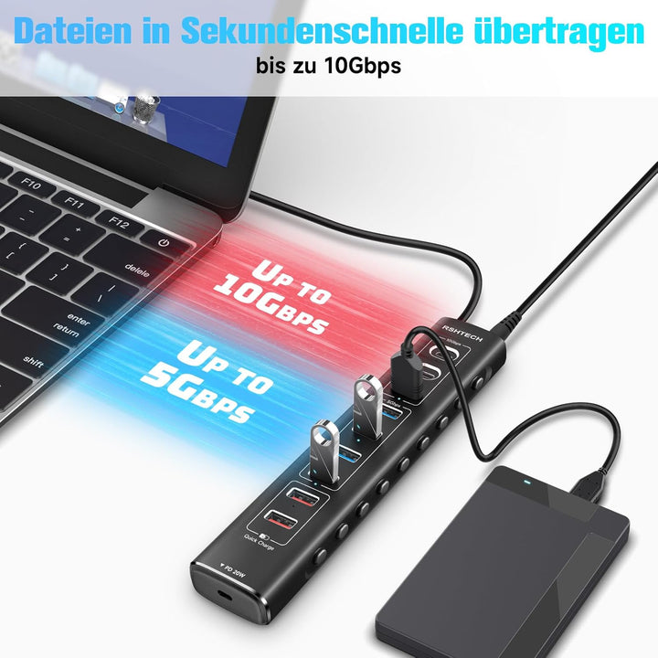 RSHTECH Aluminum 10-Port USB C 3.0/3.2 Hub Aktiv mit Netzteil, 3 * 10Gbps USB 3.2 (2*Typ-C, 1*Typ-A)