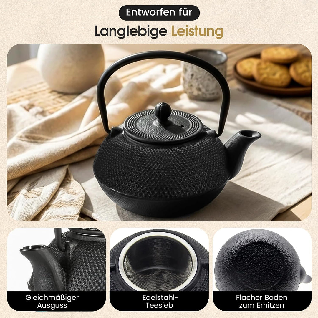 Dimono Traditionelles Tee-Set aus Gusseisen: Teekanne, Stövchen und 2 Teebecher Komplett-Set, Komple
