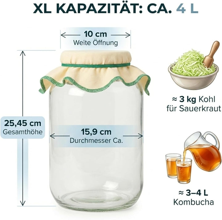 Grosses Kristall-Fermentierglas 4L – Kombucha Starter Set | Weithals Gärgefäss & Kefir Glas | Ideal