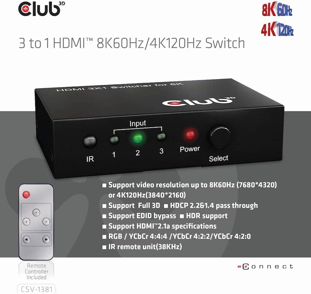 Club3D CSV-1381 HDMI™ 3 auf 1 Umschalter 8K60Hz/4K120Hz Umschalter, CSV-1381