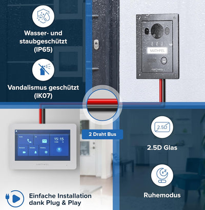 Mathfel 2 Draht Bus Video Türsprechanlage für 1 Teilnehmer, 7 Zoll WLAN Monitor, Anthrazit Kamera, U