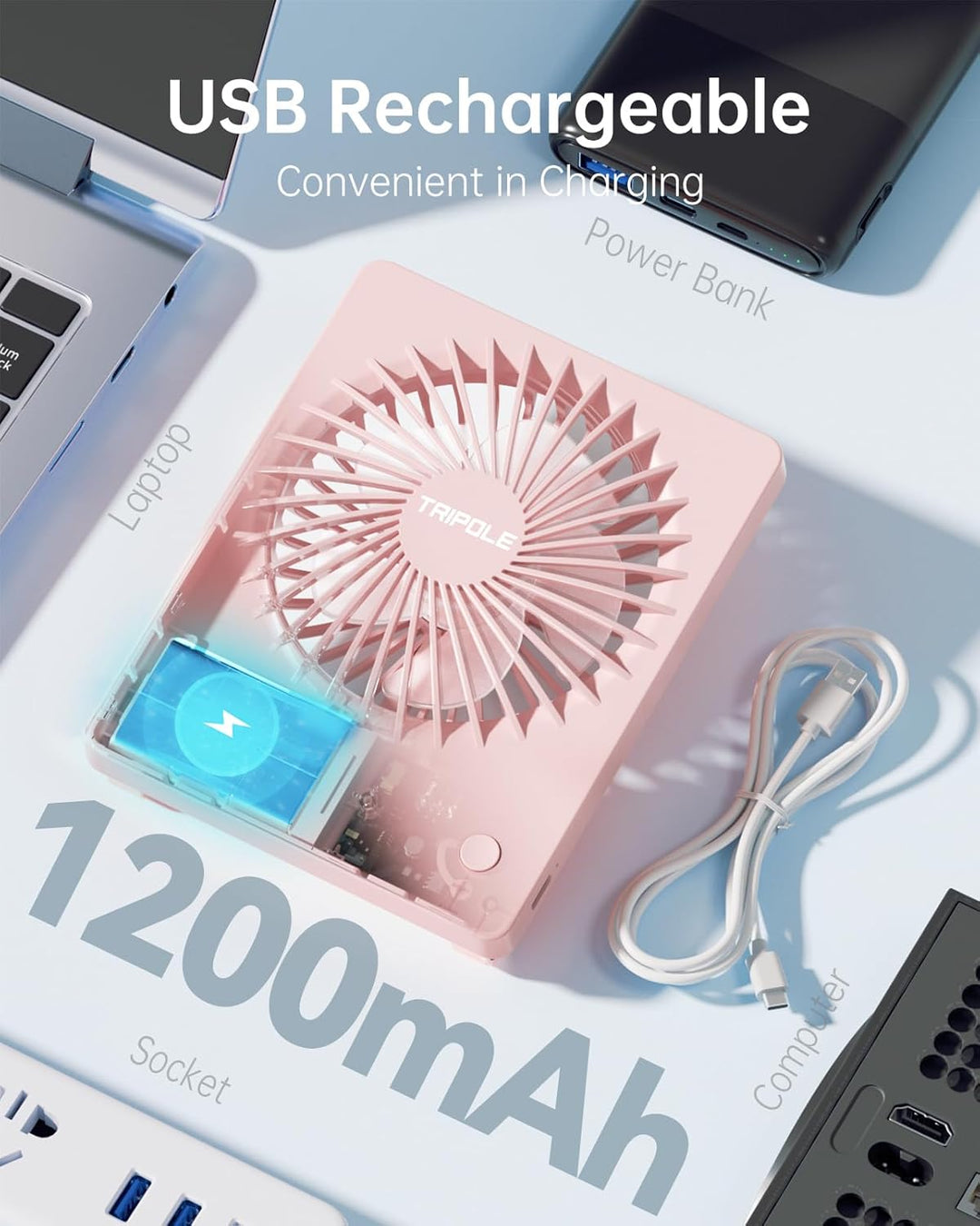 TriPole Schreibtisch Ventilator, 180° Tragbar mit 3-Geschwindigkeits USB, Ultradünner Mini für Home