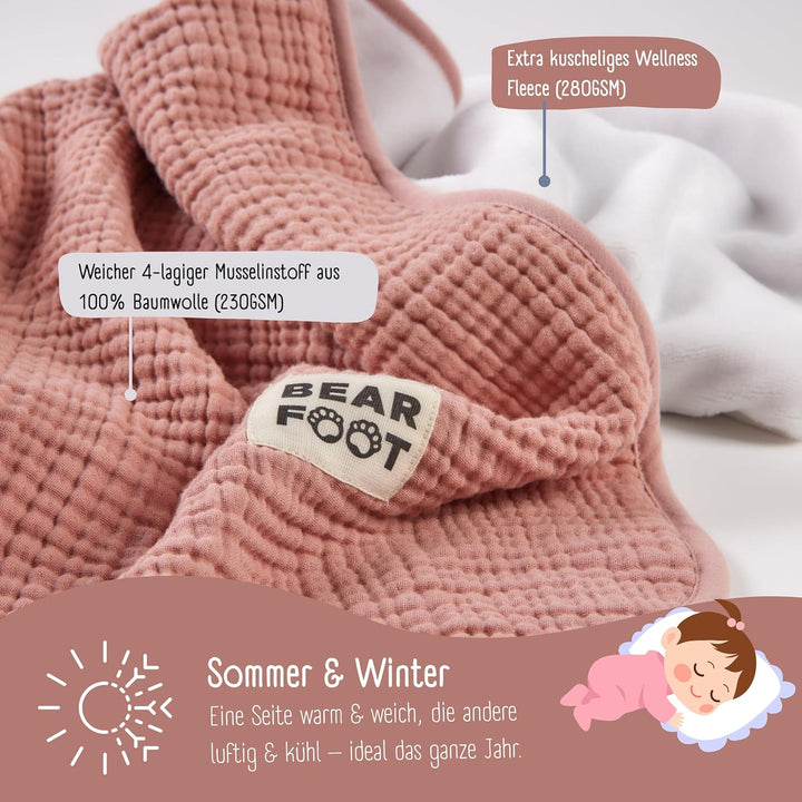 BEARFOOT Babydecke - Musselin Fleecedecke (Baumwolle, Fleece) flauschig weiche Kuscheldecke, Baby/Ne