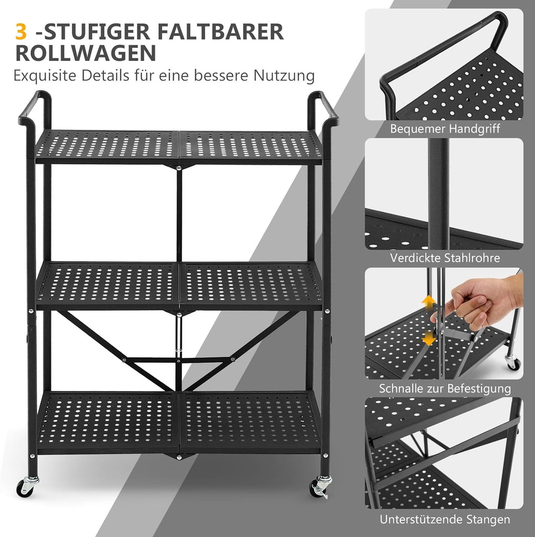 GOPLUS Servierwagen aus Metall, Küchenwagen klappbar mit Rädern, 3-stufiges Metallregal mit praktisc