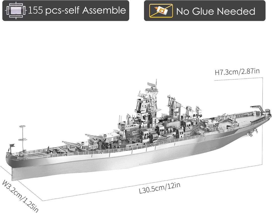 piececool 3D Puzzle Metall Schlachtschiff Missouri, 3D Metall Puzzle Militärmodell für 340 Edelstahl
