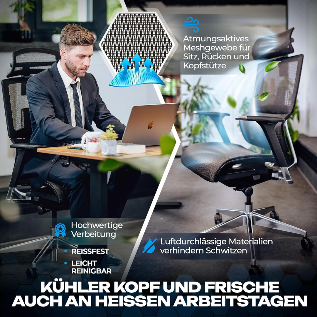 VALKENSTOL M7 Bürostuhl Ergonomisch mit Adaptiver Lordosenstütze Chefsessel Ergonomischer Bürostuhl