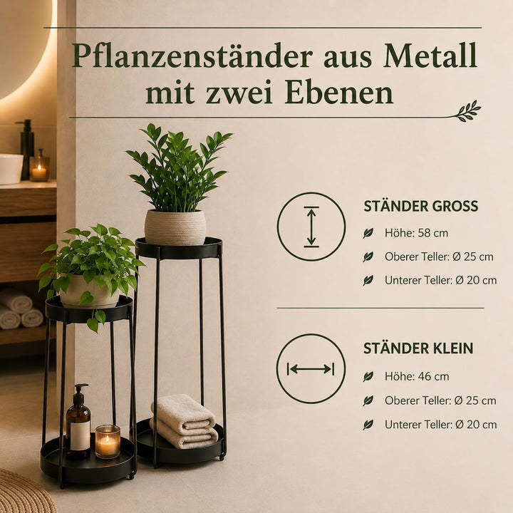 Pflanzenständer Metall 2er Set Schwarz – je 2 Ebenen, 58 + 46 cm | Teller Ø 25 + 20 cm, für Pflanzen