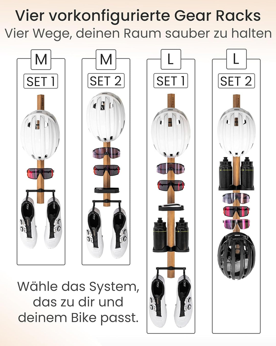 PARAX Gear-Rack Wand-Organizer für Fahrradzubehör aus Holz M: 60 cm M Set 2: Helm | 2x Brille | Abla