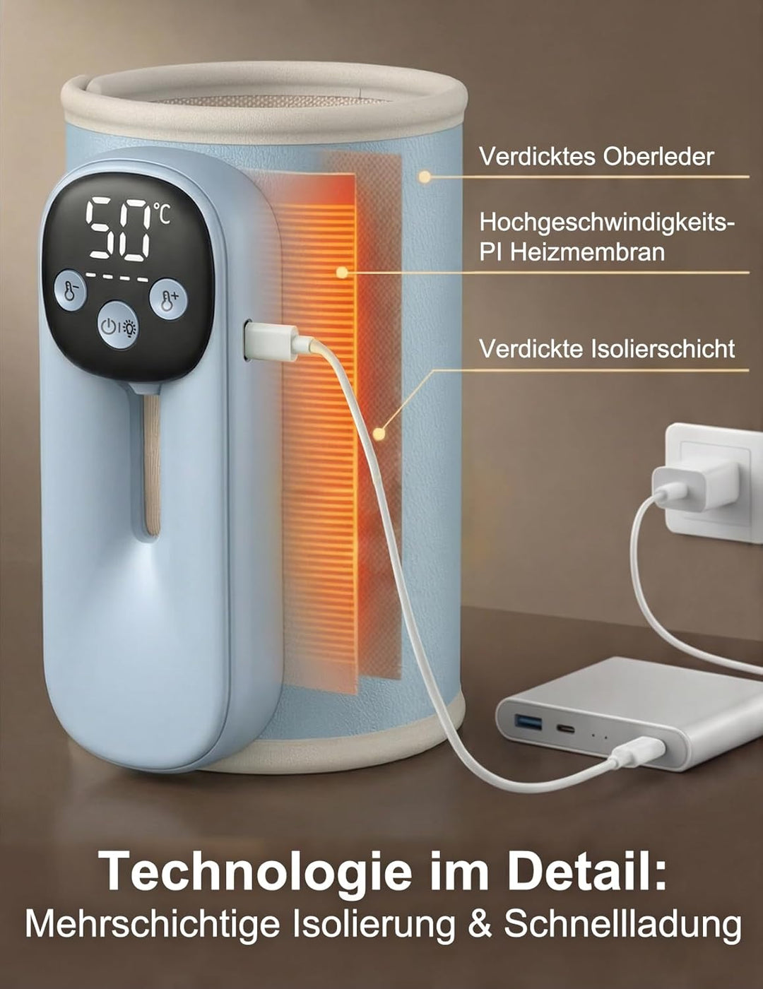 Drahtloses Milchwärmer, mit LED Temperaturdisplay 8000mAh Flaschenwärmer Baby Unterwegs 6 stufige Sc