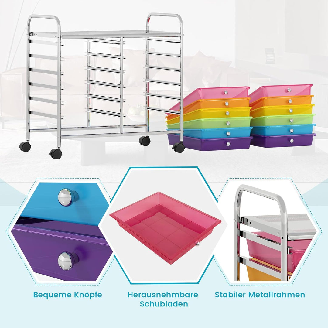 COSTWAY Rollwagen mit 12 stapelbaren Schubladen, Schubladenwagen Rollcontainer mit Metallgestell & A