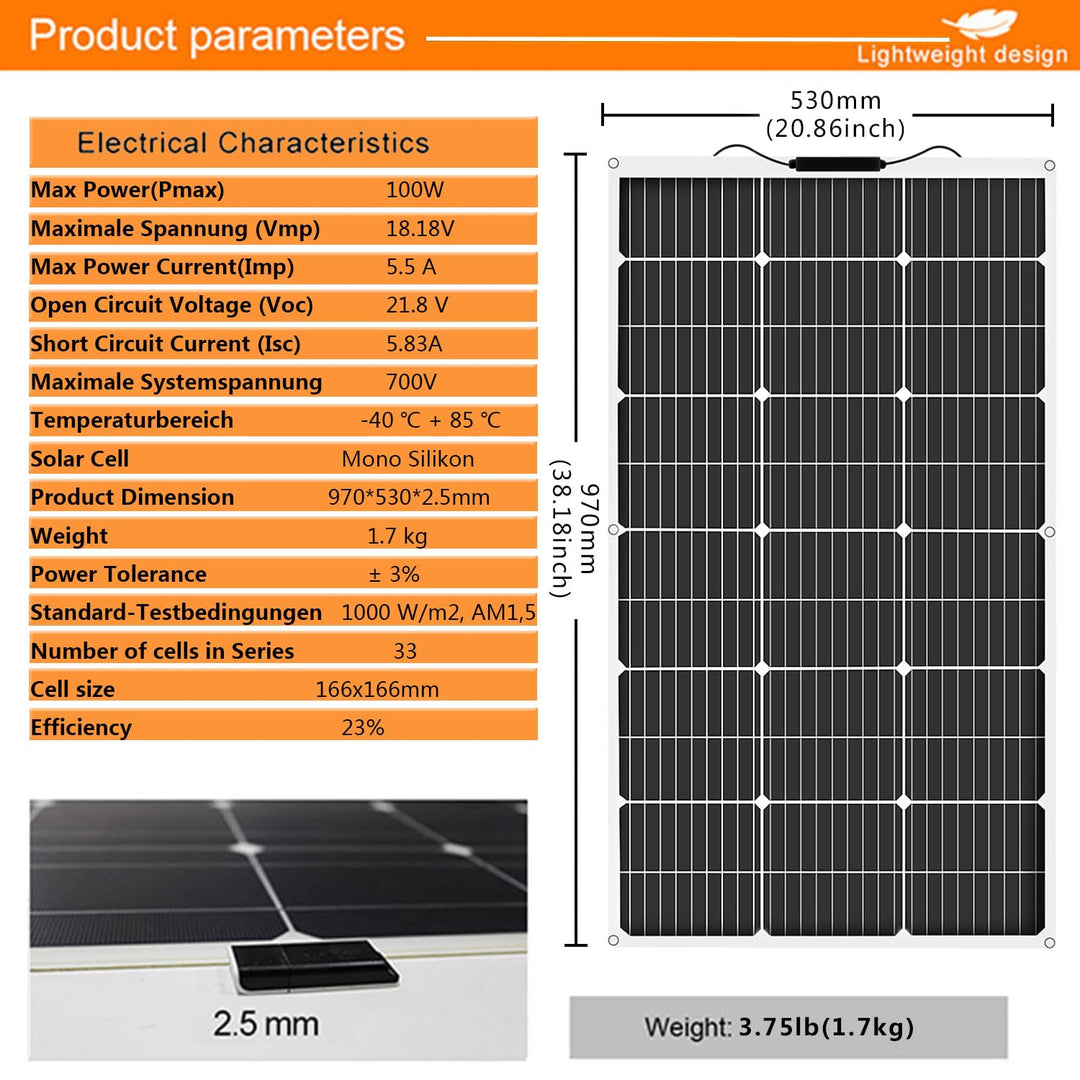 Aysolar 100W 12V Solarpanel Flexibel Monokristallines Flexible Solarmodul IP67 Wasserdicht Photovolt