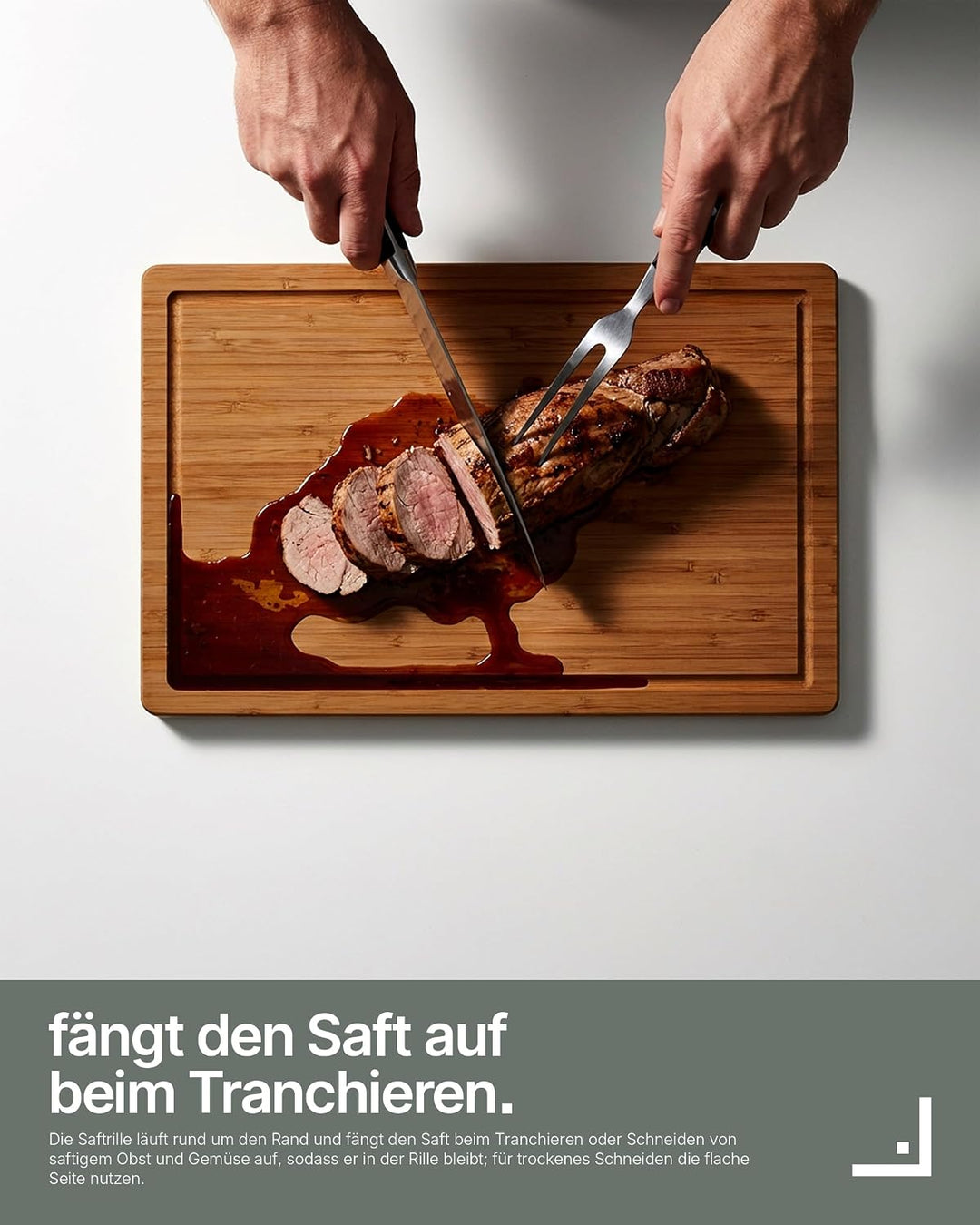 LARHN Bambus Schneidebrett Holz mit Griff &amp; Saftrille - 38,5x25x2 cm | Massiv, vertikal verleimt, we