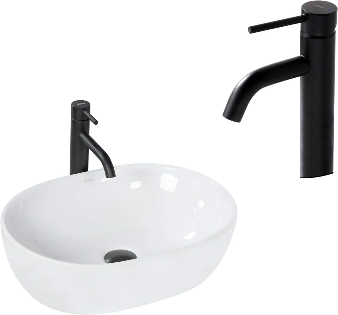 VBChome Waschbecken mit Armatur 48 x 35 Keramik Armatur Schwarz Oval Waschtisch Handwaschbecken AUFS